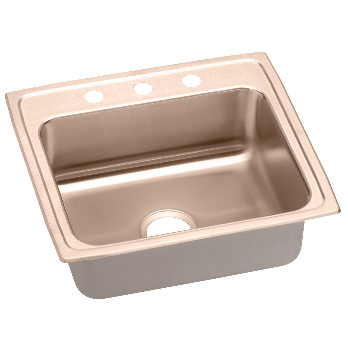 Elkay 22" Drop In/Topmount CuVerro Antimicrobial Copper Kitchen Sink, Lustrous Satin, 1 Faucet Hole, LR22191-CU