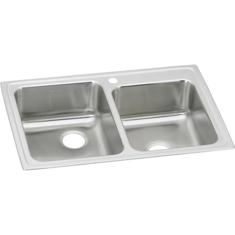 Elkay Lustertone Classic 33" Drop In/Topmount Stainless Steel Kitchen Sink, 60/40 Double Bowl, Lustrous Satin, 1 Faucet Hole, LR2501