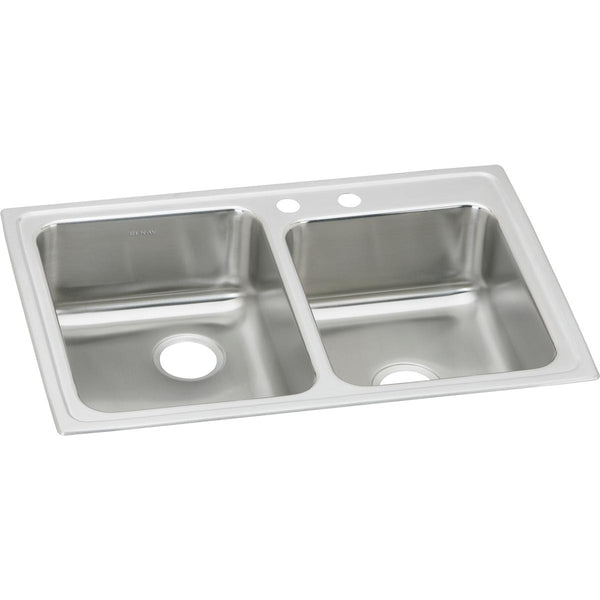 Elkay Lustertone Classic 33" Drop In/Topmount Stainless Steel Kitchen Sink, 60/40 Double Bowl, Lustrous Satin, 2 Faucet Holes, LR2502