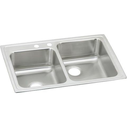 Elkay Lustertone Classic 33" Drop In/Topmount Stainless Steel Kitchen Sink, Double Bowl, Lustrous Satin, 2 Faucet Holes, LR250L2