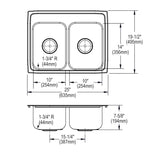 Elkay Lustertone Classic 25" Drop In/Topmount Stainless Steel Kitchen Sink, 50/50 Double Bowl, 2 Faucet Holes, LRQ25192