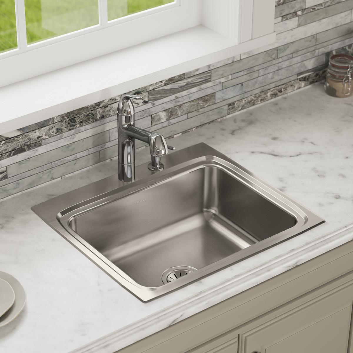 Elkay Lustertone Classic 25" Drop In/Topmount Stainless Steel Kitchen Sink, 1 Faucet Hole, LRQ25221