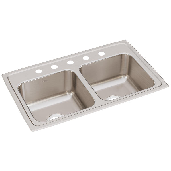 Elkay Lustertone Classic 29" Drop In/Topmount Stainless Steel Kitchen Sink, 50/50 Double Bowl, Lustrous Satin, 5 Faucet Holes, LR29185