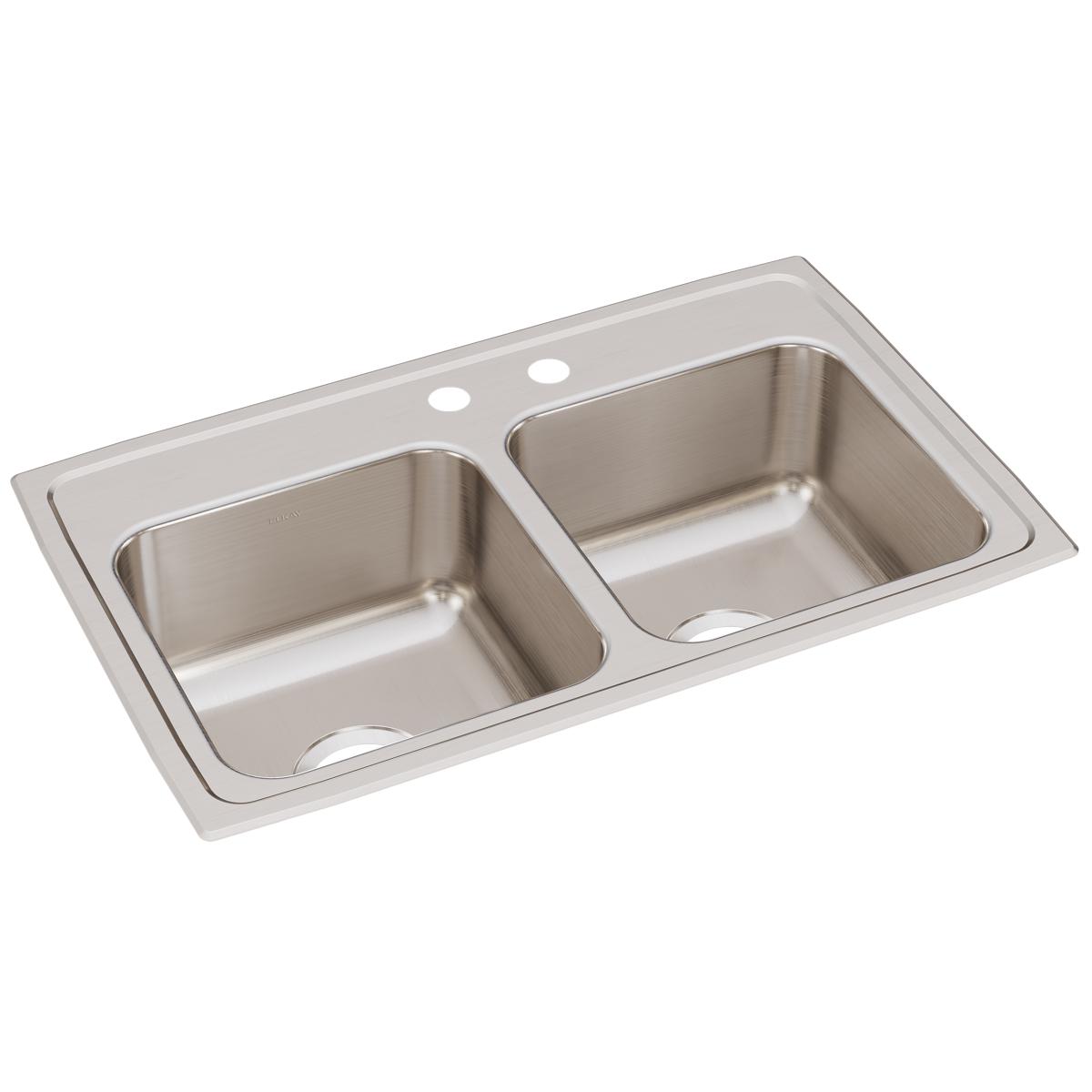 Elkay Lustertone Classic 29" Drop In/Topmount Stainless Steel Kitchen Sink, 50/50 Double Bowl, Lustrous Satin, MR2 Faucet Holes, LR2918MR2