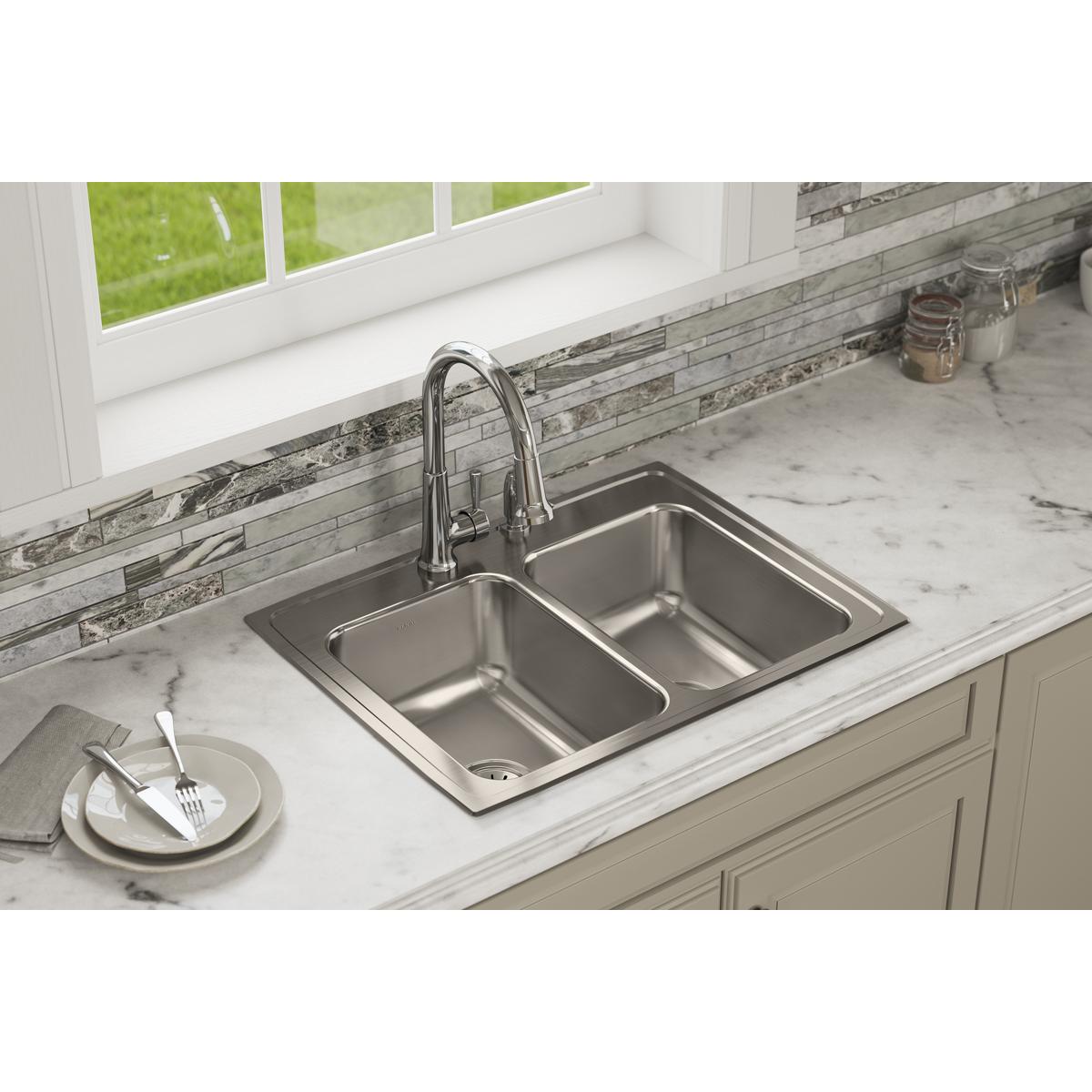 Elkay Lustertone Classic 29" Drop In/Topmount Stainless Steel Kitchen Sink, 50/50 Double Bowl, Lustrous Satin, 5 Faucet Holes, LR29225