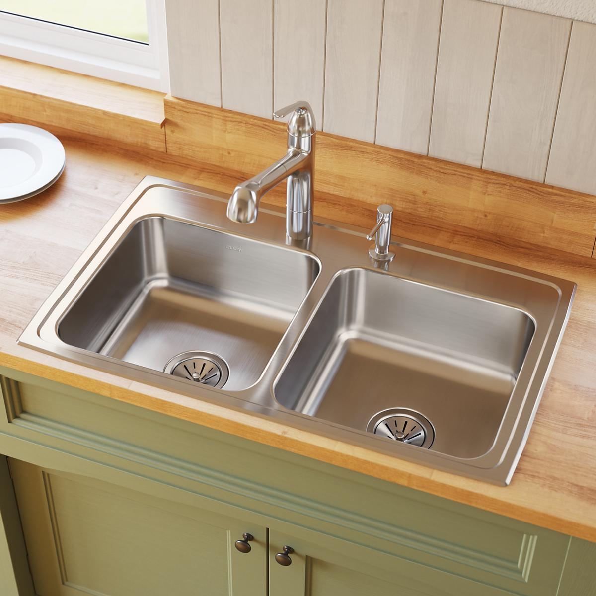 Elkay Lustertone Classic 33" Drop In/Topmount Stainless Steel Kitchen Sink, 50/50 Double Bowl, Lustrous Satin, 1 Faucet Hole, LR33191