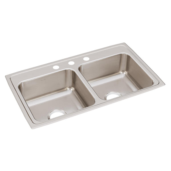 Elkay Lustertone Classic 33" Drop In/Topmount Stainless Steel Kitchen Sink, 50/50 Double Bowl, 3 Faucet Holes, LRQ33193