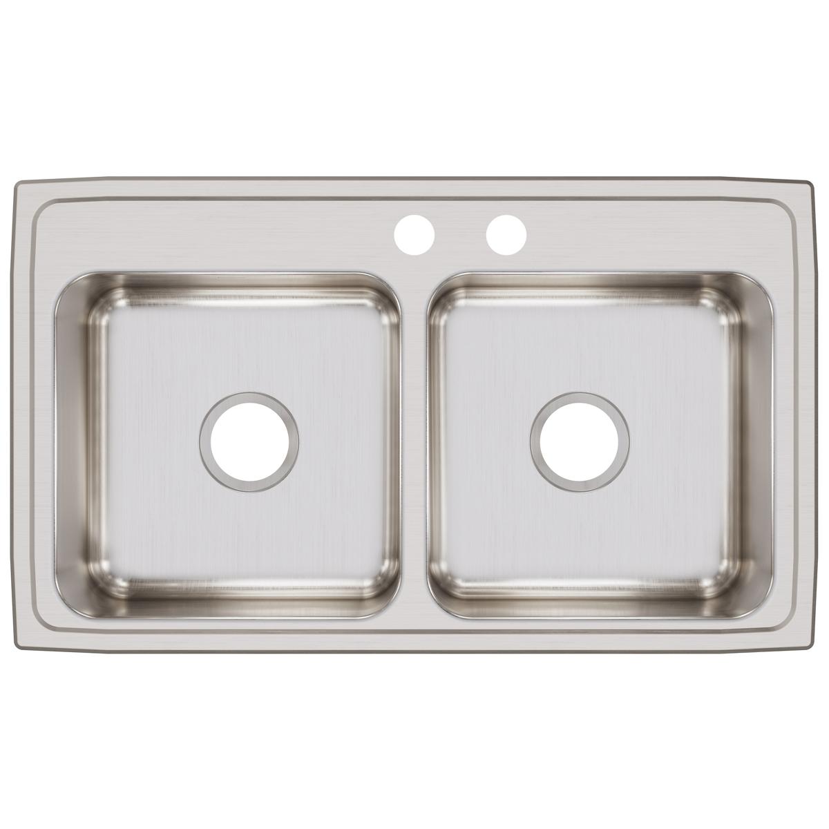 Elkay Lustertone Classic 33" Drop In/Topmount Stainless Steel Kitchen Sink, 50/50 Double Bowl, Lustrous Satin, MR2 Faucet Holes, LR3319MR2