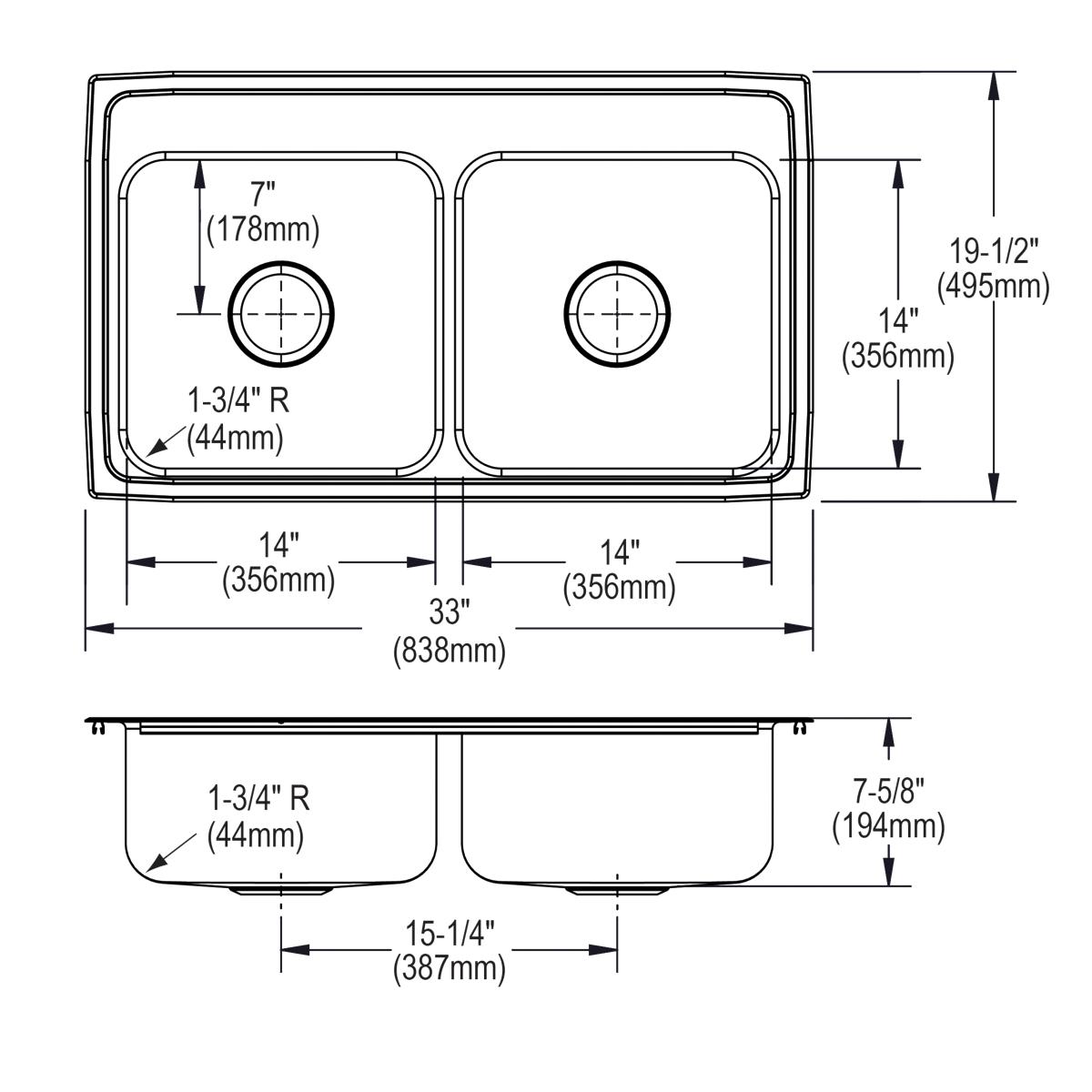Elkay Lustertone Classic 33" Drop In/Topmount Stainless Steel Kitchen Sink, 50/50 Double Bowl, 3 Faucet Holes, LRQ33193
