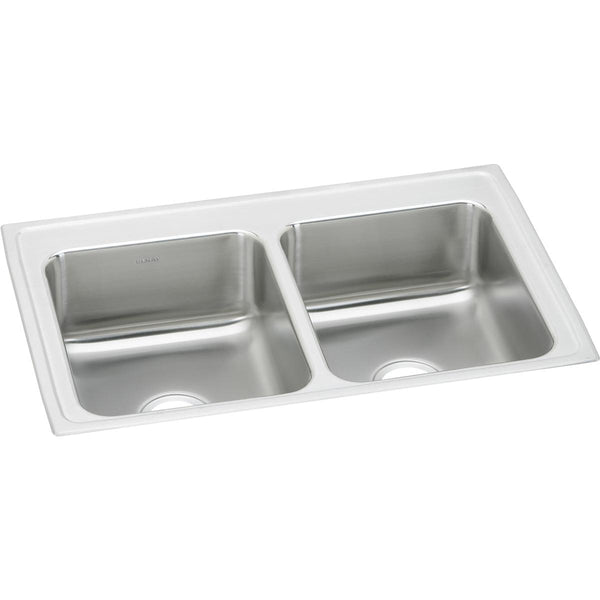 Elkay Lustertone Classic 33" Drop In/Topmount Stainless Steel Kitchen Sink, 50/50 Double Bowl, Lustrous Satin, No Faucet Hole, LR33210