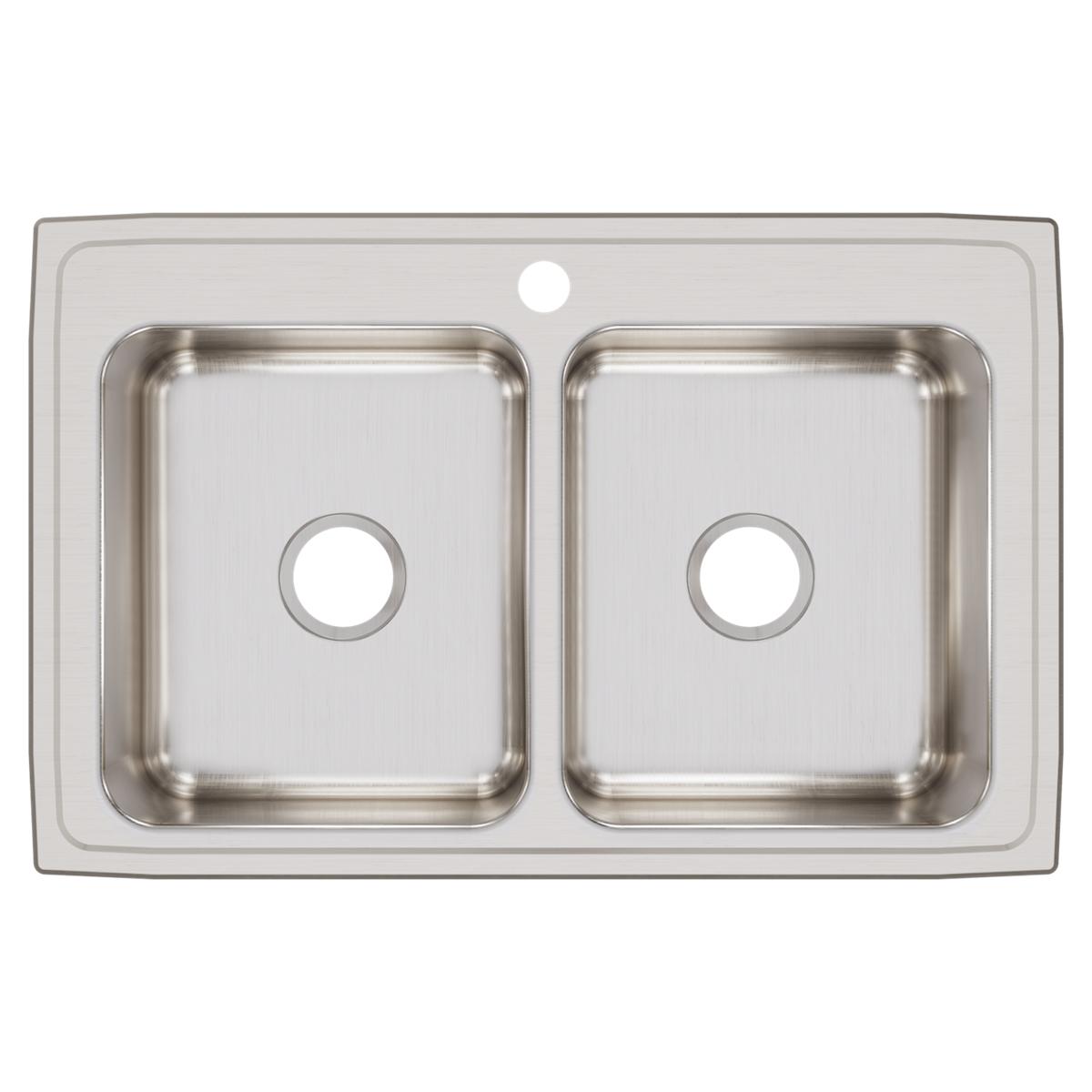 Elkay Lustertone Classic 33" Drop In/Topmount Stainless Steel Kitchen Sink, 50/50 Double Bowl, Lustrous Satin, 1 Faucet Hole, LR33211