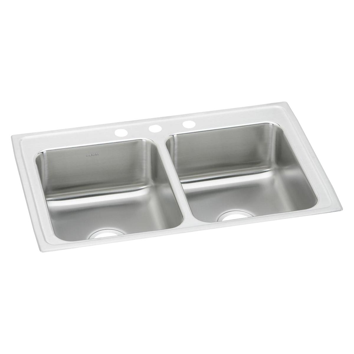 Elkay Lustertone Classic 33" Drop In/Topmount Stainless Steel Kitchen Sink, 50/50 Double Bowl, 3 Faucet Holes, LRQ33213