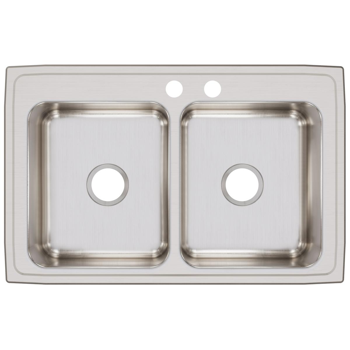 Elkay Lustertone Classic 33" Drop In/Topmount Stainless Steel Kitchen Sink, 50/50 Double Bowl, Lustrous Satin, MR2 Faucet Holes, LR3321MR2