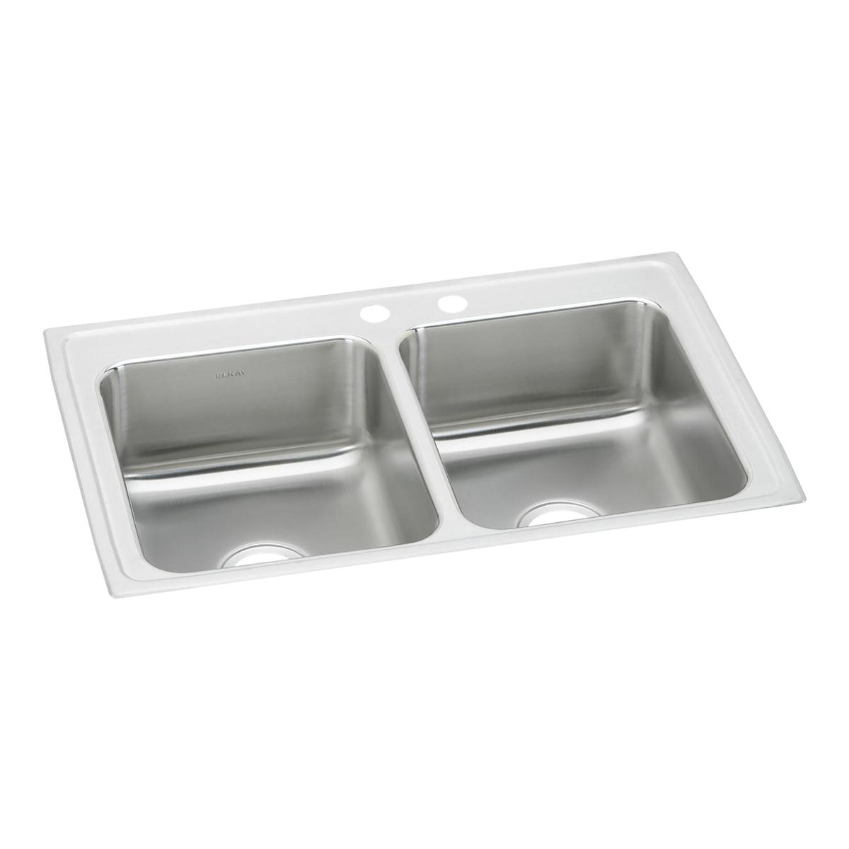 Elkay Lustertone Classic 33" Drop In/Topmount Stainless Steel Kitchen Sink, 50/50 Double Bowl, Lustrous Satin, MR2 Faucet Holes, LR3321MR2