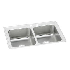 Alternate Image for Elkay Lustertone Classic 33" Drop In/Topmount Stainless Steel Kitchen Sink, 50/50 Double Bowl, Lustrous Satin, MR2 Faucet Holes, LR3321MR2