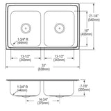 Elkay Lustertone Classic 33" Drop In/Topmount Stainless Steel Kitchen Sink, 50/50 Double Bowl, 3 Faucet Holes, LRQ33213