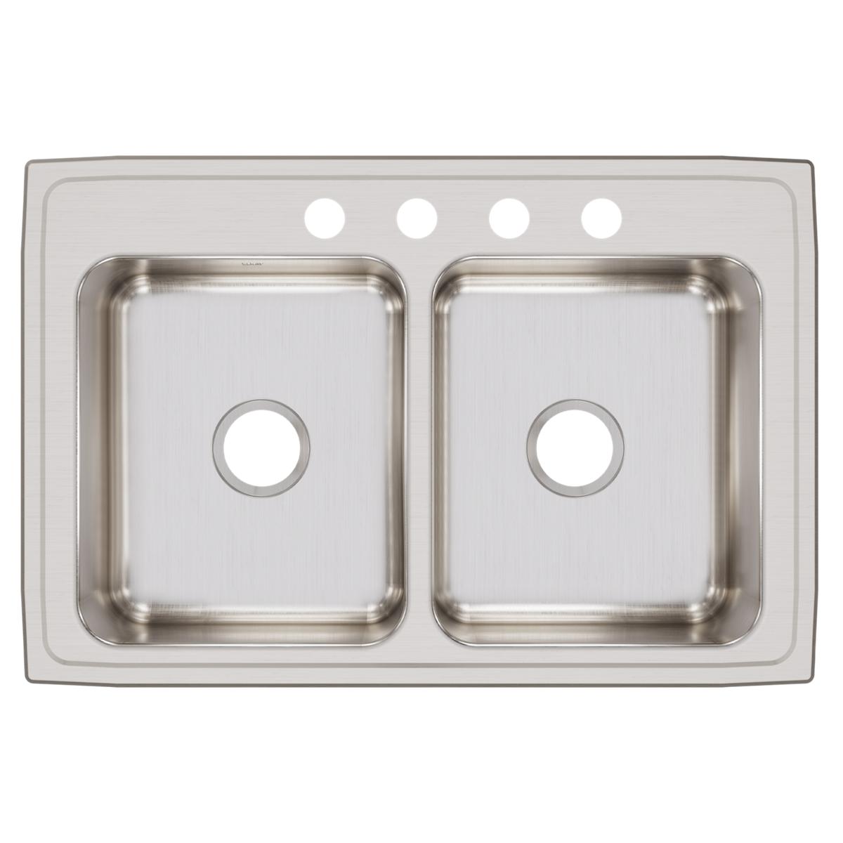 Elkay Lustertone Classic 33" Drop In/Topmount Stainless Steel Kitchen Sink, 50/50 Double Bowl, Lustrous Satin, 4 Faucet Holes, LRQ33224