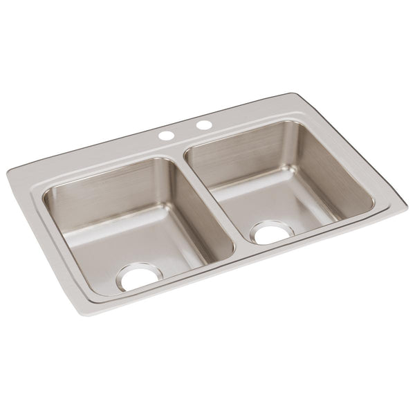 Elkay Lustertone Classic 33" Drop In/Topmount Stainless Steel Kitchen Sink, 50/50 Double Bowl, Lustrous Satin, MR2 Faucet Holes, LR3322MR2