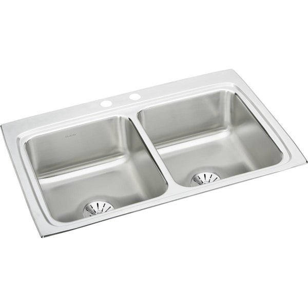 Elkay Lustertone Classic 33" Drop In/Topmount Stainless Steel Kitchen Sink, 50/50 Double Bowl, Lustrous Satin, 2 Faucet Holes, Perfect Drain, LR3322PD2