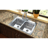 Elkay Lustertone Classic 33" Drop In/Topmount Stainless Steel Kitchen Sink, 50/50 Double Bowl, Lustrous Satin, 2 Faucet Holes, Perfect Drain, LR3322PD2