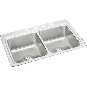 Alternate Image for Elkay Lustertone Classic 33" Drop In/Topmount Stainless Steel Kitchen Sink, 50/50 Double Bowl, Lustrous Satin, 4 Faucet Holes, Perfect Drain, LR3322PD4