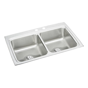 Alternate Image for Elkay Lustertone Classic 33" Drop In/Topmount Stainless Steel Kitchen Sink, 50/50 Double Bowl, Lustrous Satin, MR2 Faucet Holes, Perfect Drain, LR3322PDMR2