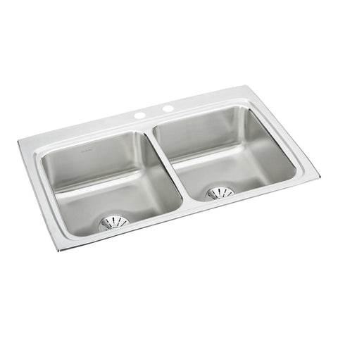 Elkay Lustertone Classic 33" Drop In/Topmount Stainless Steel Kitchen Sink, 50/50 Double Bowl, Lustrous Satin, MR2 Faucet Holes, Perfect Drain, LR3322PDMR2