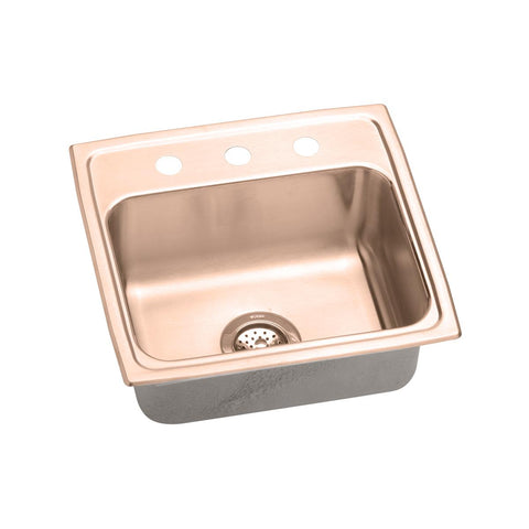 Elkay 20" Drop In/Topmount CuVerro Antimicrobial Copper ADA Kitchen Sink, Lustrous Satin, 2 Faucet Holes, LRAD1919652-CU