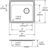 Elkay Lustertone Classic 22" Drop In/Topmount Stainless Steel ADA Kitchen Sink, Lustrous Satin, 18 Gauge, LRAD221955R0