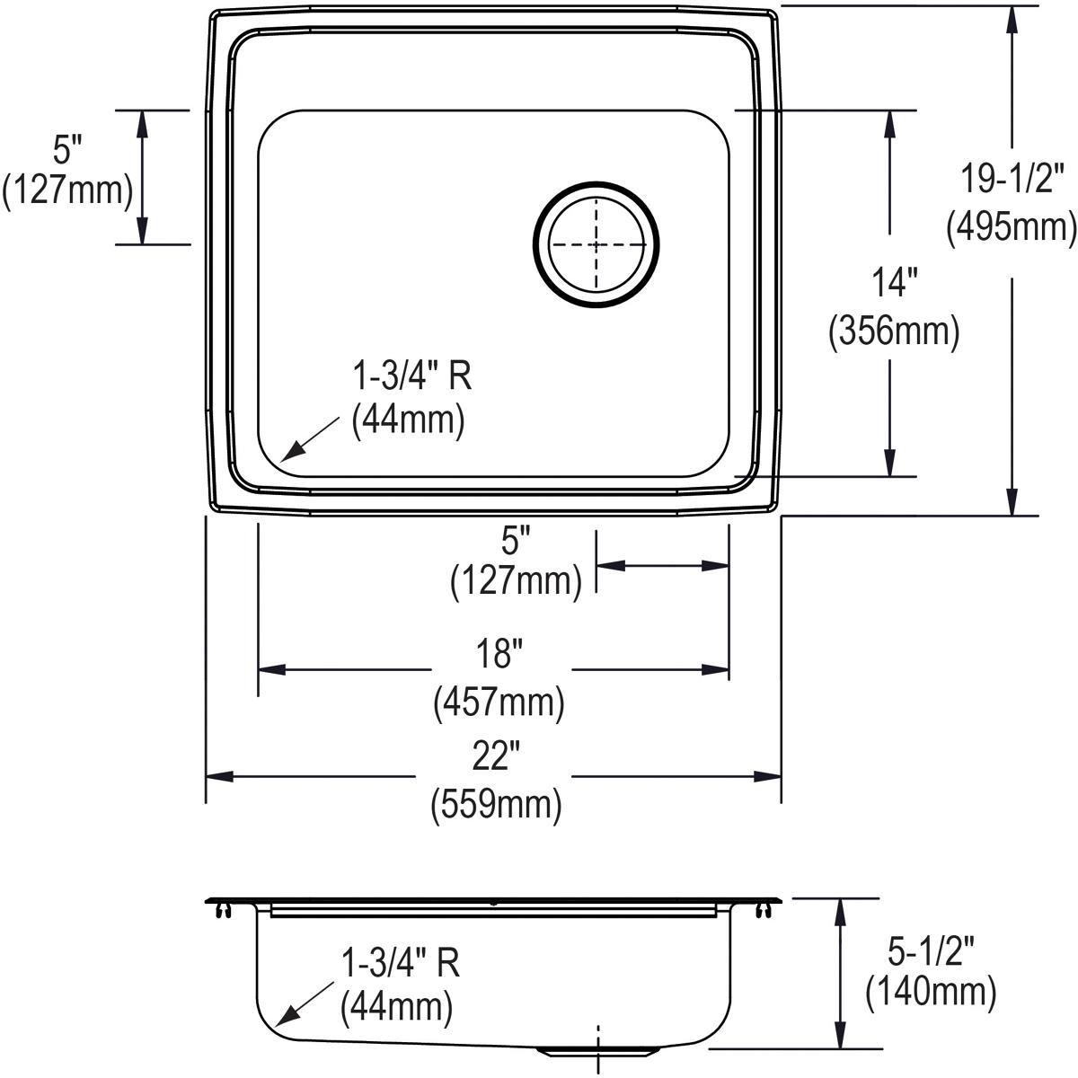 Elkay Lustertone Classic 22" Drop In/Topmount Stainless Steel ADA Kitchen Sink, Lustrous Satin, 1 Faucet Hole, LRAD221955R1