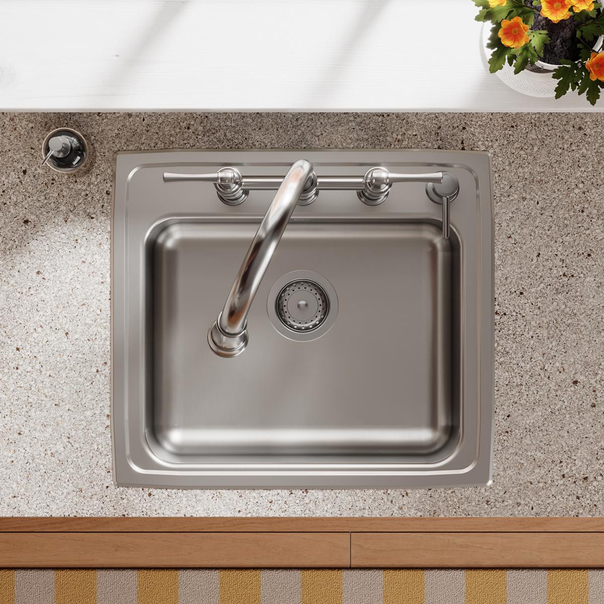 Elkay Lustertone Classic 22" Drop In/Topmount Stainless Steel ADA Kitchen Sink, Lustrous Satin, 4 Faucet Holes, LRAD2219654