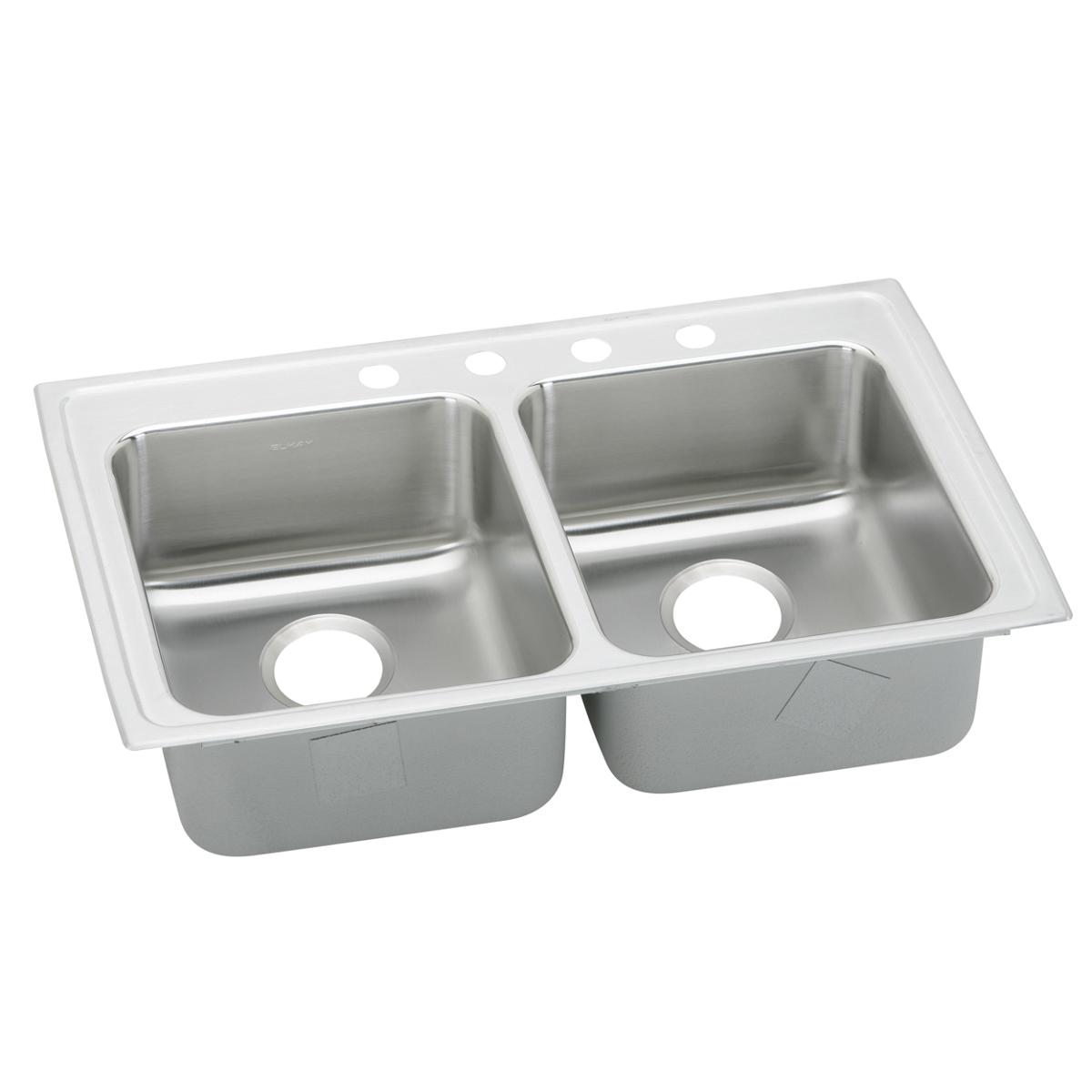 Elkay Lustertone Classic 33" Drop In/Topmount Stainless Steel ADA Kitchen Sink, 50/50 Double Bowl, Lustrous Satin, 4 Faucet Holes, LRADQ3319604