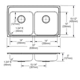 Elkay Lustertone Classic 33" Drop In/Topmount Stainless Steel ADA Kitchen Sink, 50/50 Double Bowl, Lustrous Satin, No Faucet Hole, LRADQ3319500