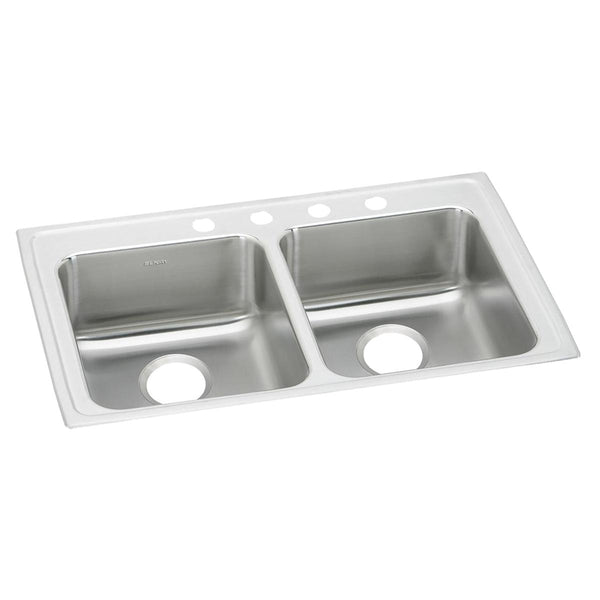 Elkay Lustertone Classic 33" Drop In/Topmount Stainless Steel ADA Kitchen Sink, 50/50 Double Bowl, Lustrous Satin, 4 Faucet Holes, LRAD3319654