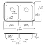 Elkay Lustertone Classic 33" Drop In/Topmount Stainless Steel ADA Kitchen Sink, 50/50 Double Bowl, Lustrous Satin, 3 Faucet Holes, LRADQ3321603