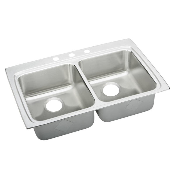 Elkay Lustertone Classic 33" Drop In/Topmount Stainless Steel ADA Kitchen Sink, 50/50 Double Bowl, Lustrous Satin, 3 Faucet Holes, LRADQ3322603