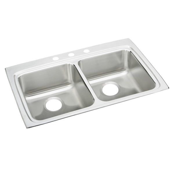 Elkay Lustertone Classic 33" Drop In/Topmount Stainless Steel ADA Kitchen Sink, 50/50 Double Bowl, Lustrous Satin, 3 Faucet Holes, LRAD3322403