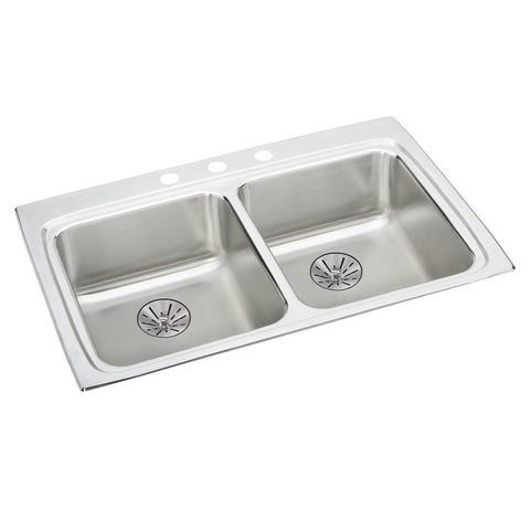 Elkay Lustertone Classic 33" Drop In/Topmount Stainless Steel ADA Kitchen Sink, 50/50 Double Bowl, Lustrous Satin, 3 Faucet Holes, Perfect Drain, LRAD332265PD3