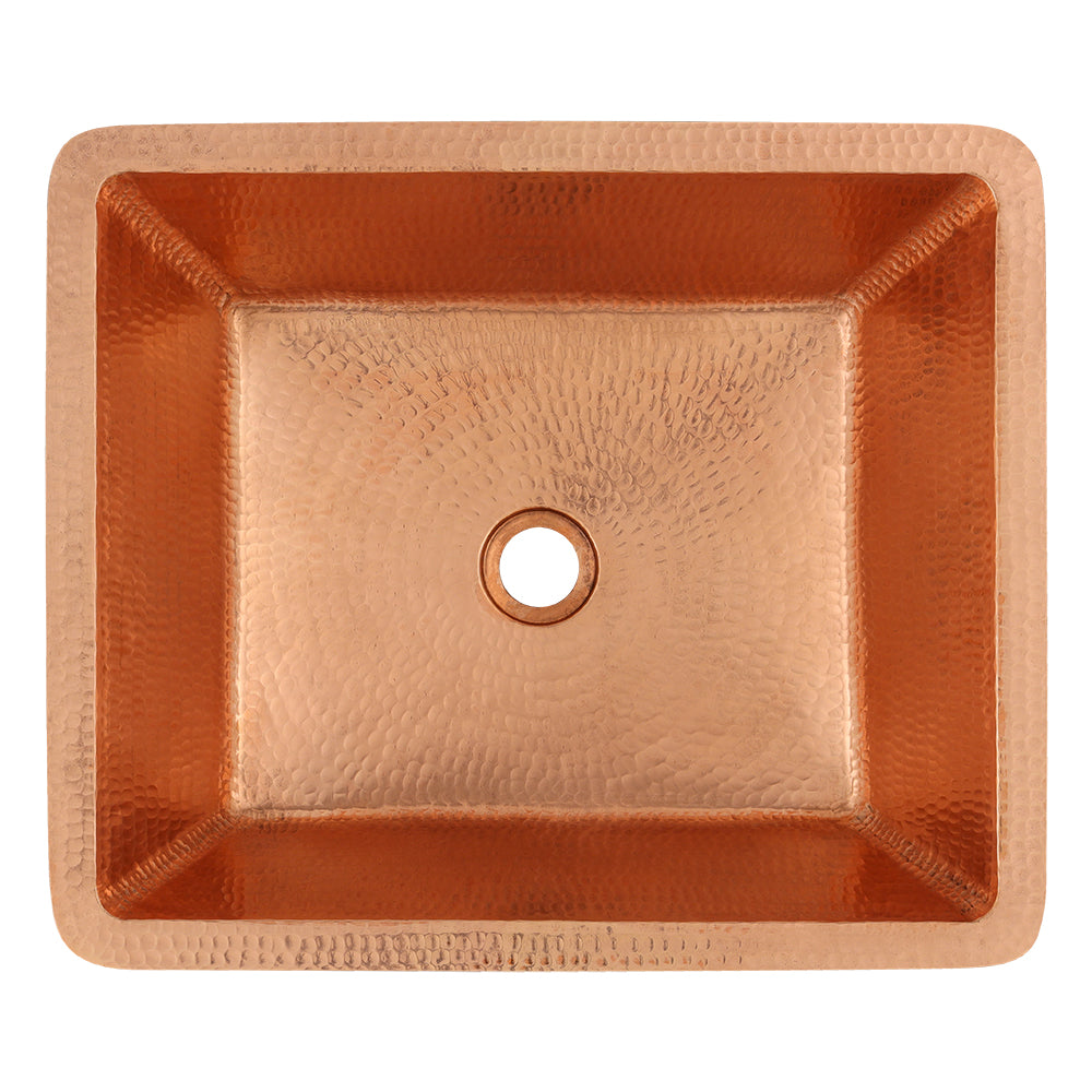 Premier Copper Products 19" Rectangle Under Counter Hammered Copper Bathroom Sink in Polished Copper, Matching Drain and Accessories, BSP5_LREC19PC-P
