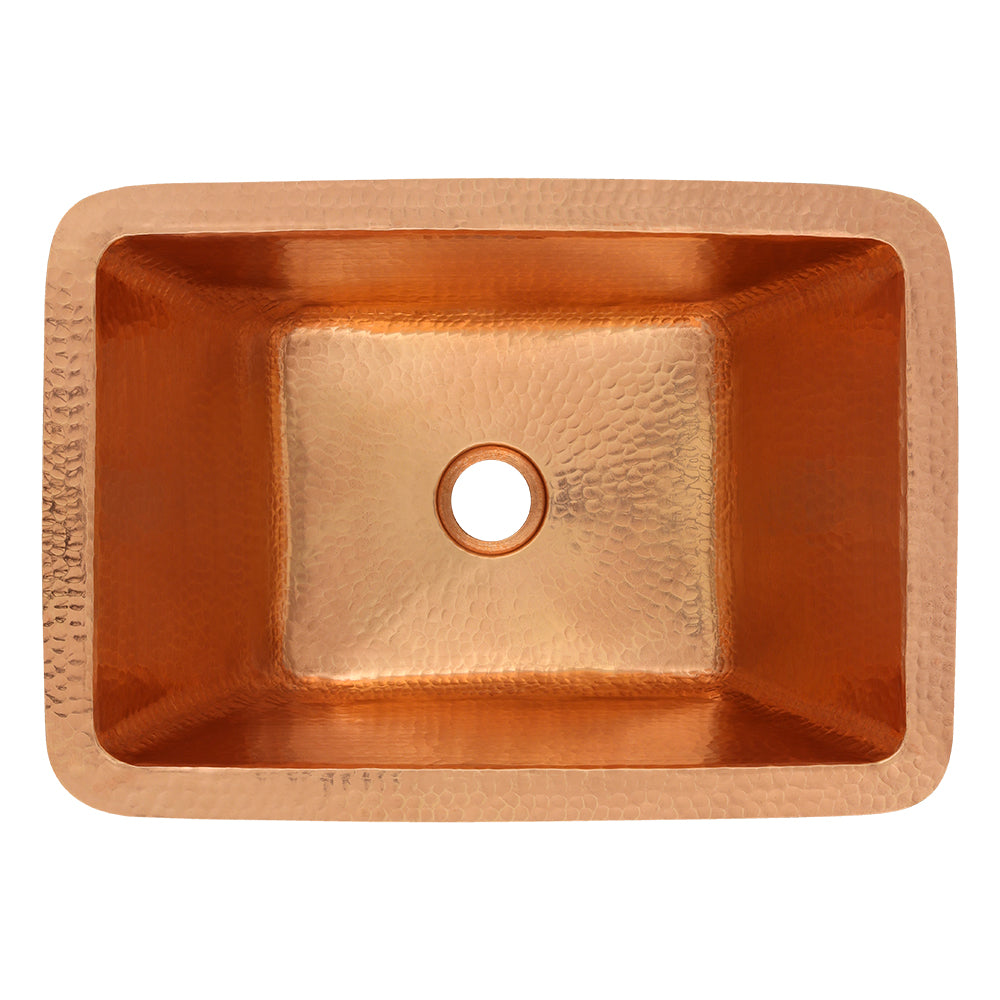 Premier Copper Products 17" Rectangle Under Counter Hammered Copper Bathroom Sink in Polished Copper, Matching Drain and Accessories, BSP5_LRECPC-P
