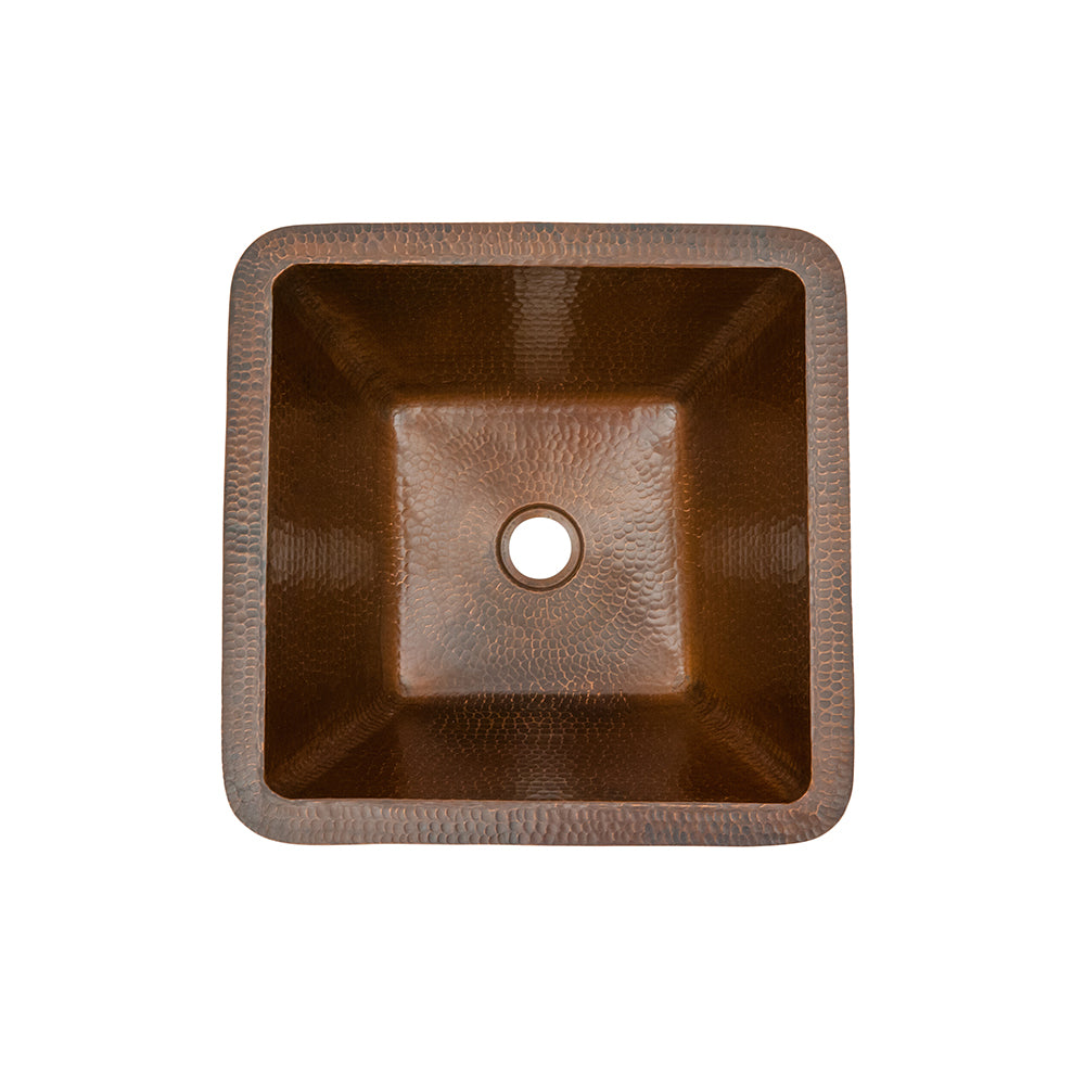 Premier Copper Products 15" Square Under Counter Hammered Copper Bathroom Sink, Matching Drain and Accessories, Oil Rubbed Bronze, BSP5_LSQ15DB-P