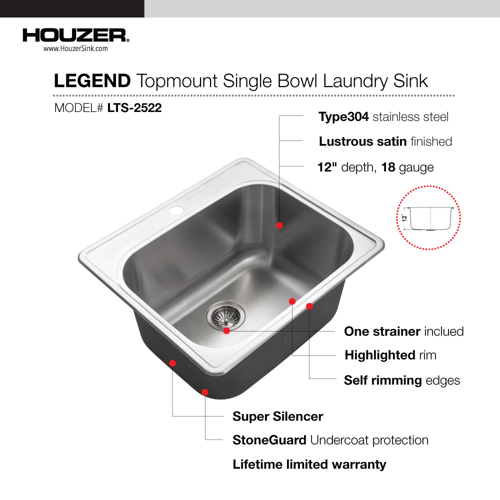 Houzer Laundry 25 inch Stainless Steel Drop-in Topmount 1-hole Single Bowl Sink with 12 inch Depth - 18 Gauge, LTS-2522-1