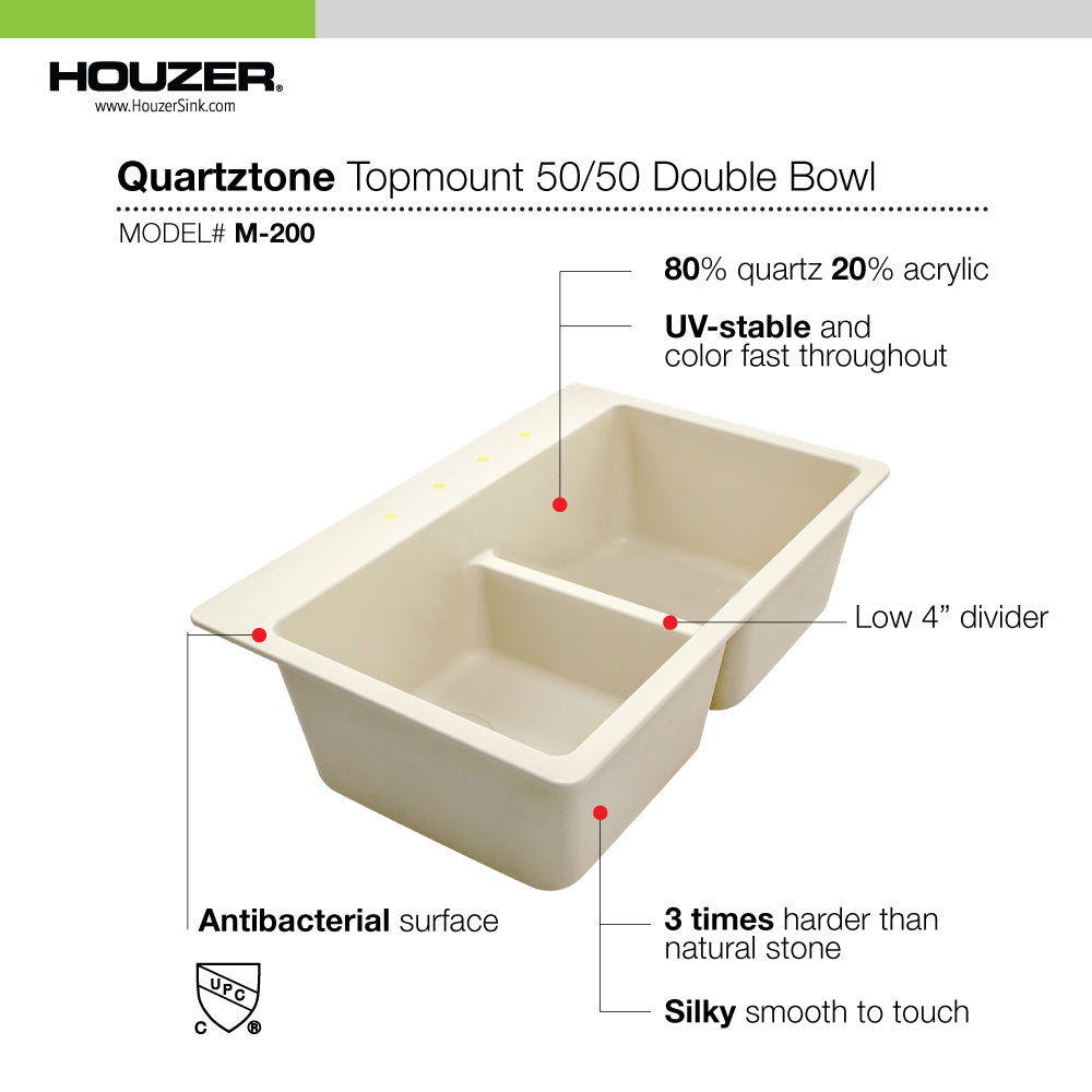 Houzer Quartztone 33 inch Cloud Granite Composite Drop-in Topmount 50/50 Double Bowl Kitchen Sink - M-200 CLOUD