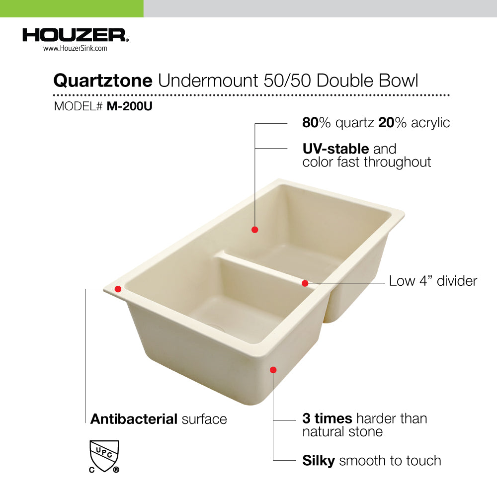 Houzer Quartztone 33 inch Taupe Granite Composite Undermount 50/50 Double Bowl Kitchen Sink - M-200U TAUPE