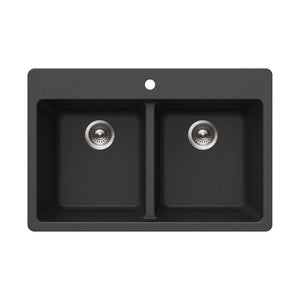 Alternate Image for Houzer Quartztone 33 inch Midnite Granite Composite Drop-in Topmount 50/50 Double Bowl Kitchen Sink - M-300 MIDNITE