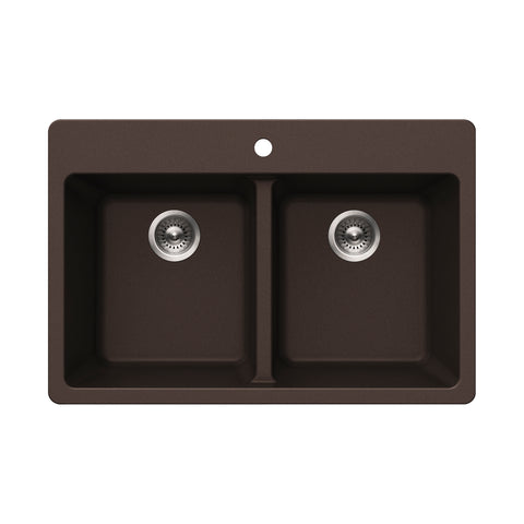 Houzer Quartztone 33 inch Mocha Granite Composite Drop-in Topmount 50/50 Double Bowl Kitchen Sink - M-300 MOCHA