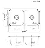 Houzer Medallion Classic 32" 50/50 Double Bowl Stainless Steel Undermount Kitchen Sink with Accessories, 18 Gauge, MD-3109-C