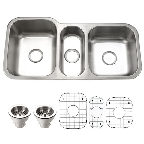 Houzer Medallion 40 inch Stainless Steel Undermount Triple Bowl Kitchen Sink with Strainers & Grids - 18 Gauge, MGT-4120-C