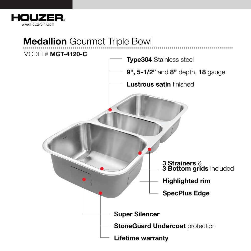 Houzer Medallion 40 inch Stainless Steel Undermount Triple Bowl Kitchen Sink with Strainers & Grids - 18 Gauge, MGT-4120-C