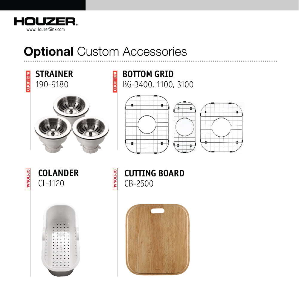 Houzer Medallion 40 inch Stainless Steel Undermount Triple Bowl Kitchen Sink with Strainers & Grids - 18 Gauge, MGT-4120-C